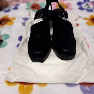 Black Textured Fabric Heels with Rounded Toe